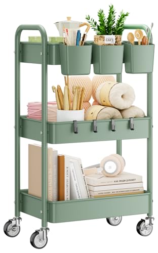 YASONIC 3-Tier Rolling Cart, Green, 66 Pounds Capacity, Mesh Storage Organizer with Lockable Wheels, 3 Hanging Cups, 4 Hooks, Easy Assembly, for Kitchen, Bathroom, Laundry, Grocery - color: Green