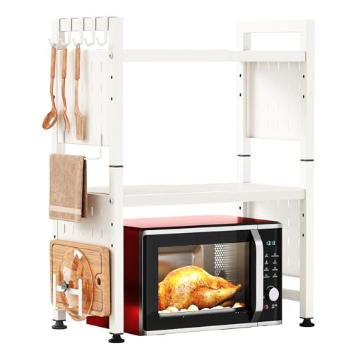 Microwave Stand, 3-Tier Expandable(17.4"-27.4") Microwave Oven Rack, Heavy Duty Adjustable Shelf with 9 hooks, Kitchen Organizer Storage Shelves for Pantry, Countertop, Coffee Bar, Office, Dorm, White - style: 3 Tier-White
