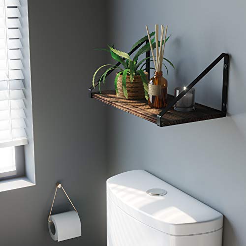 BAMEOS Floating Shelves Rustic Wood Wall Shelf Wall Mounted Shelves for Living Room, Office, and Bedroom, with Metal Bracket - style: 1 pack Carbonized 16"W 8"D