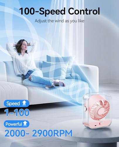 KIMMOO Rechargeable USB Desk Fan, Quiet Table Fan with Turbo Airflow, 100 Speeds, Digital Display, 90° Rotating, Small Battery Desktop Fans for Bedroom Home Office Travel, Pink - color: Pink