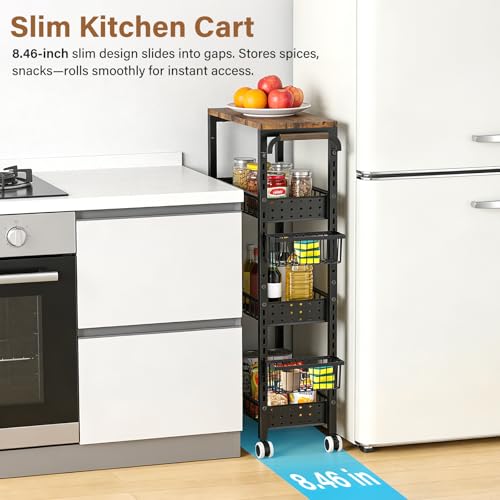 7.8 Inch Ultra-Slim 4-Tier Rolling Storage Cart with Adjustable Shelves - Lockable Wheels & Wooden Top for Narrow Spaces Between Washer/Dryer, Bathroom, Kitchen Organization (Black) - color: Black
