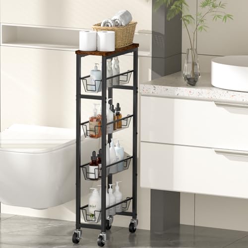 Honest Slim Storage Cart 4-Tier Slim Rolling Cart with Metal Frame and Wooden Top, 6.3 Inches, Storage Cart for Kitchen, Dining Room, Living Room, Bathroom, Home Office, Rustic Brown and Black - size: 4 Tiers (6.3"D x 30.3"H)