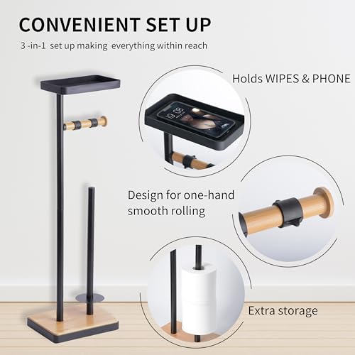 Clasin Home Toilet Paper Holder Stand, Free Standing Toilet Paper Holder with Storage and Top Shelf, Black Toilet Paper Stand Weighted Base with Bamboo Design for Bathroom - color: Black With Bamboo Base