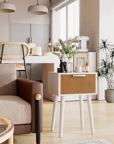 YMYNY Narrow Fluted Nightstand Set of 2, Small End Table, Modern Coffee Table with Drawer, Solid Wood Legs, Retaining Chain, for Bedroom and Small Spaces, White and Natural UHST014WN-2 - color: White and Natural