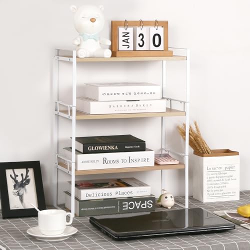 YGYQZ Desk Shelf Organizer for Top of Desk, 3-Tier Desktop Bookshelf, White & Wood - color: 3-tier White/Wood