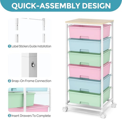 Rolling Storage Cart with 6 Drawers and Wooden Tabletop, Lockable Wheels Utility Cart for Art Studios, Office Supplies & Craft Room Organization (Rainbow) - color: Rainbow