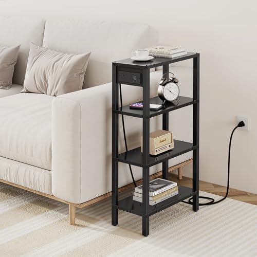 TUTOTAK Narrow Side Table Set of 2, Small End Table with Charging Station | 4-Tier Skinny Sofa Table, Slim Nightstand, Easy Assembly for Living Room, Bedroom, Black TB01BK0802 - color: Black, size: 4-tier