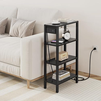 TUTOTAK Narrow Side Table Set of 2, Small End Table with Charging Station | 4-Tier Skinny Sofa Table, Slim Nightstand, Easy Assembly for Living Room, Bedroom, Black TB01BK0802 - color: Black, size: 4-tier