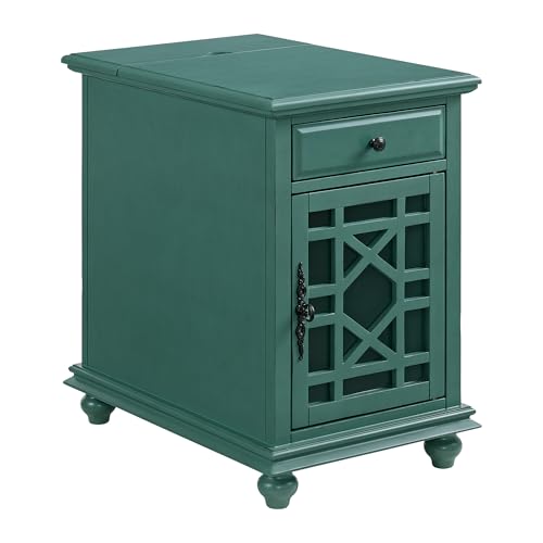 Martin Svensson Home Elegant Chairside End Table with Power — 24″W x 16″D x 25″H, Antique Teal-Green — Transitional Painted Accent Table with Flip-Top USB Charging, Drawer & Cabinet Storage - color: Antique Teal-green