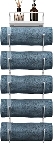 Sorbus Bathroom Towel Holder - 5 Tier Metal Towel Rack with Wood Shelf for Rolled Bath Towels, Washcloths, Linens, Hand Towels, Soaps & Accessories - Wall Mounted Towel Rack for Bathroom Towel Storage - color: White, size: 5 Tier with Shelf