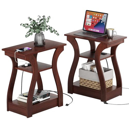 FROMJBEST End Tables Living Room Set of 2,Cherry End Table with Charging Station,Side Table, Nightstand for Bedroom, 3 Tier End Table with Storage Shelf for Living Room(Cherry) - color: Cherry