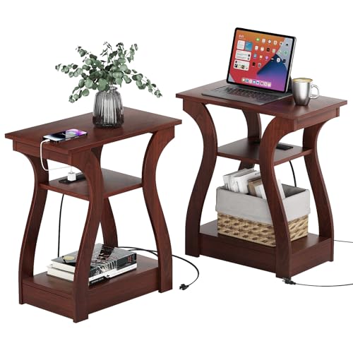 FROMJBEST End Tables Living Room Set of 2,Cherry End Table with Charging Station,Side Table, Nightstand for Bedroom, 3 Tier End Table with Storage Shelf for Living Room(Cherry) - color: Cherry