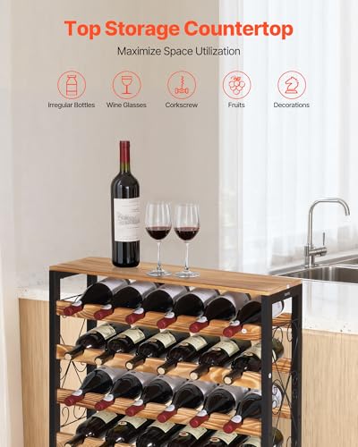 VEVOR 48 Bottle Wine Rack,8-Tier Iron Wine Bottle Holder with Wood Table Top,Freestanding Floor Display Wine Storage Shelves,for Kitchen Pantry, Cellar, Bar, Dining Room,26''L X 9.3''W X 46.9''H - size: 48 Bottles