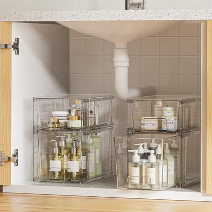 Vtopmart 8 Pack Clear Stackable Storage Drawers,Easy to Assemble Bathroom Organizers and Storage with handles,Plastic Drawers for Kitchen Pantry,Cabinet,Under Sink Organization - style: 4 Medium+4 Small