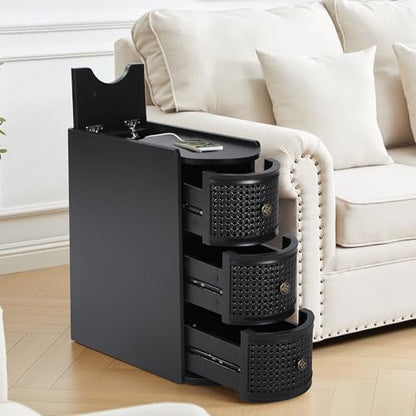 Narrow End Table with 3 Drawer, Metal Rattan Side Table with Storage, Narrow Charging Nightstand for Bedroom Bedside, Living Room Couch Sofa, Office, Desk Side Table for Small Spaces - Black - size: Drawer Black-1pcs