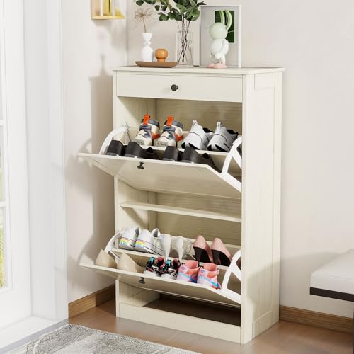 Wooden Shoe Rack with 2 Flip Drawers, Entryway Shoe Storage Cabinet | Freestanding Modern Shoe Organizer with Adjustable Shelves, Small Closed Shoe Rack Cabinet for Front Door Entrance,Light Oak - color: Light Oak, size: Medium