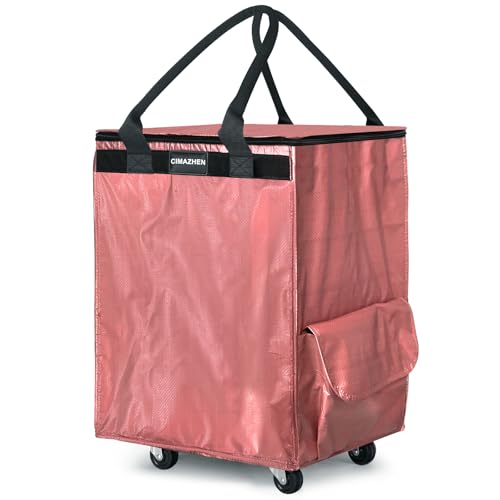 Reusable Grocery Bag Tote Bag with Wheels, Foldable Rolling Tote Bag with 3 Handles and Zipper - color: Pink, size: Medium