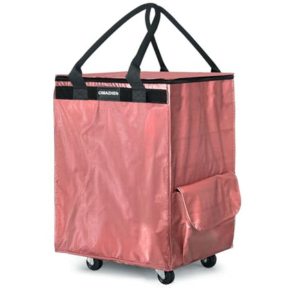 Reusable Grocery Bag Tote Bag with Wheels, Foldable Rolling Tote Bag with 3 Handles and Zipper - color: Pink, size: Medium