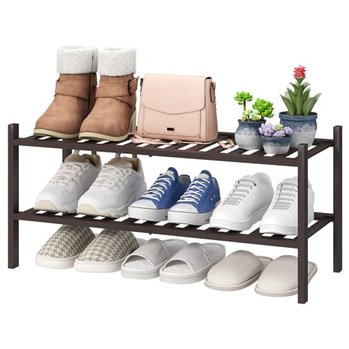 viewcare 2-Tier Shoe Rack for Entryway, Bamboo Shoe Rack for Closet, Free Standing Shoe Racks for Indoor Outdoor, Stackable Shoe Shelf Storage Organizer for Hallway Closet - color: Brown, size: 2-Tier