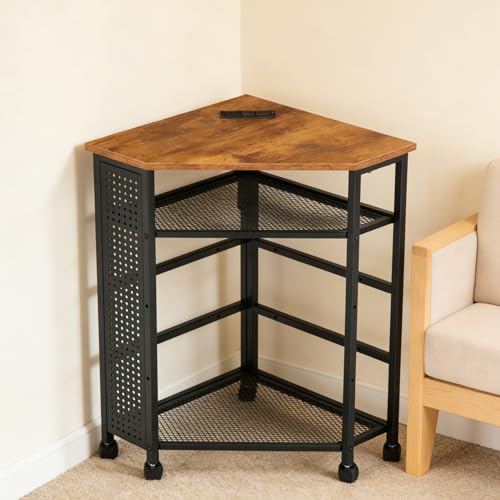 HOMREST Corner Table with Charging Station, 3-Tier Corner Shelf Stand with Metal DIY Panel, Rolling Storage Table on Detachable Wheels for Kitchen, Living Room, Small Space, Rustic Brown