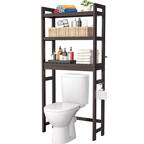 Homykic Over The Toilet Storage, Bamboo 3-Tier Over-The-Toilet Space Saver Organizer Rack, Stable Freestanding Above Toilet Stand with 3 Hooks for Bathroom, Restroom, Laundry, Espresso - color: Espresso