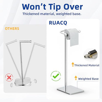 RUACQ Bathroom Toilet Paper Holder Stand, Chrome | Dual-Post Pivoting Free Standing Toilet Roll Holder with Weighted Base, Anti-drop Design 304 Stainless Steel Tissue Stand - color: Chrome, size: Free Standing