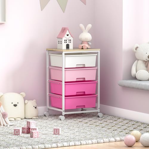 SYKIARIOL Rolling Cart with Drawers, 4-Drawer Utility Cart, Pink | 4 Tier Drawer Cart with Wooden Top for Home Office, Kid Room, Classroom Teacher, Dorm, - color: Dark Pink