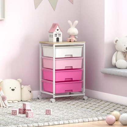 SYKIARIOL Rolling Cart with Drawers, 4-Drawer Utility Cart, Pink | 4 Tier Drawer Cart with Wooden Top for Home Office, Kid Room, Classroom Teacher, Dorm, - color: Dark Pink