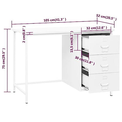Industrial Computer Desk with 3 Drawers White 41.3"x20.5"x29.5" Steel Writing Table for Home Office Small Spaces, Durable Workstation Study Desk