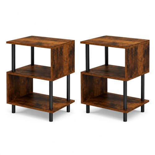 Frylr Small Side Table, End Table and Nightstand with 3-Tier Wood Shelves, Sturdy Metal Frame with 44 LBS Capacity per Shelf, Easy to Assemble for Living Room or Bedroom,Rustic Brown - color: Rustic Brown, size: 2-Pack
