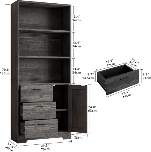 IRONCK Bookshelf with Doors and 3 Drawers 71 in Tall Bookcase with 3-Tier Shelves, Industrial Book Shelf with Storage for Living Room Entrance Hallway Home Office - color: Charcoal Grey