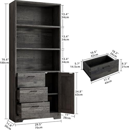 IRONCK Bookshelf with Doors and 3 Drawers 71 in Tall Bookcase with 3-Tier Shelves, Industrial Book Shelf with Storage for Living Room Entrance Hallway Home Office - color: Charcoal Grey