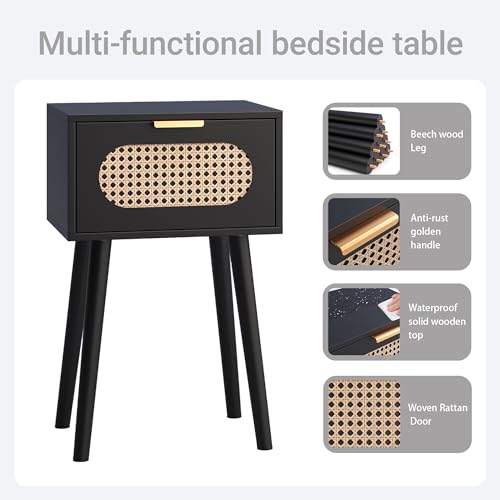 Nightstands Set of 2, Bedside Table with Rattan Door, Boho End Table with Solid Wood Legs for Bedroom, Living Room, Small Space Nightstands, Black Color, HNS001B - color: Black