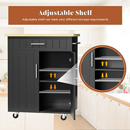 JY QAQA 26" Kitchen Island Cart on Wheels, Mobile Kitchen Storage Cabinet with Drawer & Shelves, Rolling Bar Cart with Towel Rack, Black