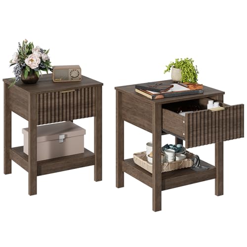 Fluted Night Stand with Golden Handle,Set of 2 Mid-Century Nightstands with Drawer,Bedside Table with Storage Shelf,Large Wood End Tables for Livingroom,Bed Side Tables for Bedroom,Walnut - color: 2pcs_black_plus
