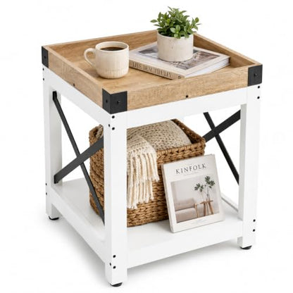 Farmhouse Square Side Table,2-Tier End Table with Storage Shelf | Modern Sofa Couch Table Bedside Nightstand With X-Frame for Living Room Bedroom Office Small spaces,White+Oak - color: White+oak, style: Farmhouse