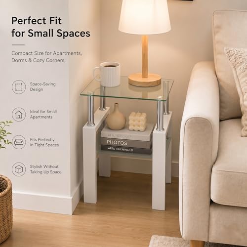 Meihua Tempered Glass End Table, White Modern Square Side Table with Metal Frame, 2-Tier Glass Accent Table for Living Room, Bedroom, Apartment & Small Spaces - color: White, size: 1pc