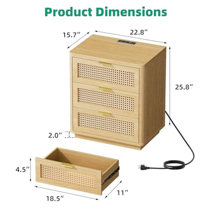 Kalrin Rattan Nightstand with Charging Station, 3 Drawers, Light Oak | 3 Drawers End Table with Storage, Wood Bedside Tables, Boho Larger Night Stand for Bedroom Office - color: Light Oak