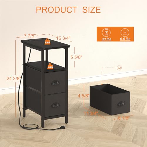sthmec Narrow End Table with Charging Station, Narrow Side Table with 2 Fabric Drawers, LED End Table, Slim Nightstand with LED Light, Small Side Table for Small Spaces, Living Room, Bedroom, Black - color: Black, size: 7.87'' W x 15.75'' D x 24.37'' H, s