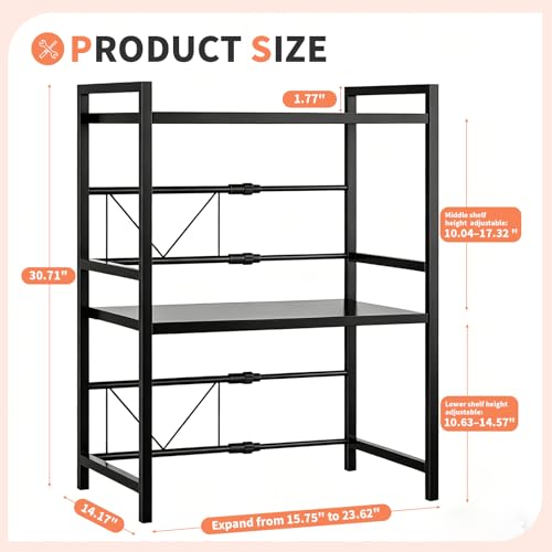 Microwave Oven Rack, Heavy Duty 3-Tier Adjustable Shelf Microwave Stand, Expandable Kitchen Countertop Shelf Organizer with 6 Hooks, 100lbs Weight Capacity for kitchen organizers and storage, Black - size: Adjustable 3 Tier