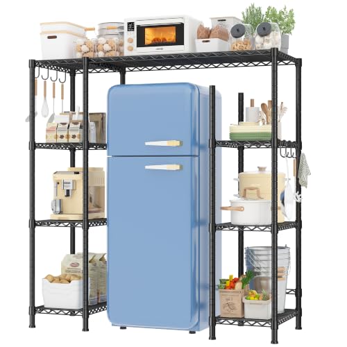 REIBII Mini Fridge Shelf with Storage,4-Tier Adjustable Shelves,665 lbs | With 8 Hooks,Fits Mini Fridge & Kitchen Appliances,Heavy Duty Steel Frame,Easy Tool-Free Assembly, Space-Saving,Dorm & Pantry - size: 52.2"H×50.12"W×18.2"D