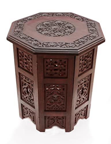 COTTON CRAFT Solid Wood Accent End Table - Hand Carved Vintage Boho Folding Side Table - Small Spaces Entryway Farmhouse Living Room Bedside - No Tools Assembly - 18x18 Octagon - Brown - color: Antique Dark Brown, size: 18x18x18