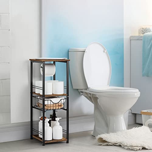 Bathroom Storage Shelf Floor Standing Toilet Storage Cabinet with Drawer | 3 Tier Narrow Shelving Unit, Open Storage Shelves, Adjustable Feet, for Small Spaces, Laundry Room, Kitchen, Rustic Brown