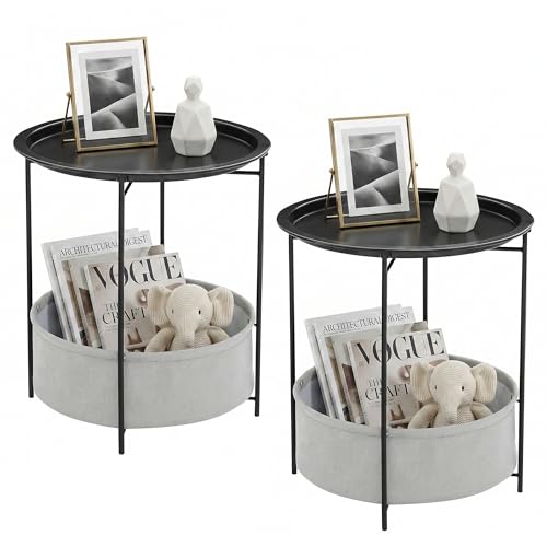 VECELO Round Side/End Table with Fabric Storage Basket，Metal Anti-Rust and Waterproof Small Bedside Nightstand with Removable Tray Top for Living Room，Balcony & Laundry，Black /2pcs with Basket - color: Black, size: 2 PCS with Basket