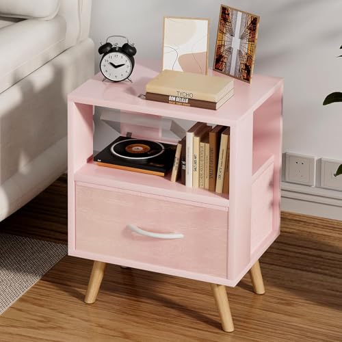 Aenuert Night Stand, Pink Kids Nightstand with Drawer, Nursery Side Table with Open Storage, 2-Tier Modern End Table, Bedside Table for Small Space, Living Room, Bedroom - color: Pink, size: 2-Tier