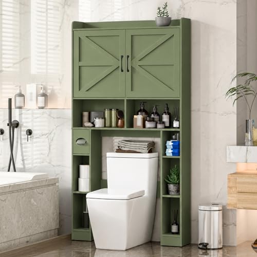 Vabches Over The Toilet Storage Cabinet with Barn Doors, Green | Toilet Cabinet Rack, Space Saving Bathroom Organizer with Shelves, Toilet Paper Holder and Towel Rack for Bathroom,Laundry. - color: Green