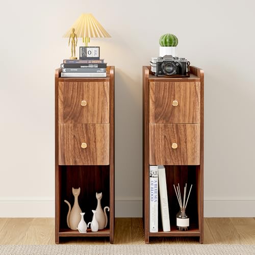 Narrow Nightstand Set of 2, Wooden Small 2 Drawer Nightstand, Slim Side End Table, Skinny Bedside Table, Mid Century Modern Night Stand with Drawers, for Bedroom (Walnut-2pcs) - color: Walnut-2 Pcs
