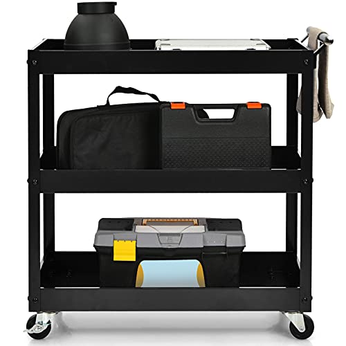 3 Tier Rolling Cart, Utility Cart on Wheels with 330lbs Load Capacity & Ergonomic Handle, Tool Cart Organizer Service Carts for Garage, Office, Library, Workshop (Black) - size: 2.5" Wheels