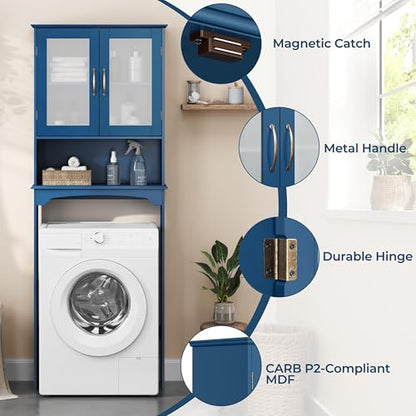 Yaheetech Over The Toilet Storage Cabinet, Free Standing Toilet Rack with Adjustable Shelves and Tempered Glass Doors for Bathroom Washroom, Navy Blue - color: Navy Blue