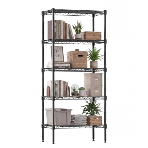 DUMOS 5-Tier Metal Wire Storage Shelves, Adjustable Standing Storage Rack Shelf, Heavy Duty Steel Shelving Unit Organizers for Kitchen Bathroom Pantry Garage, 23.2" Wx13.4 Dx59.8 H, Black - size: 5 Tiers-59.8"H without wheels